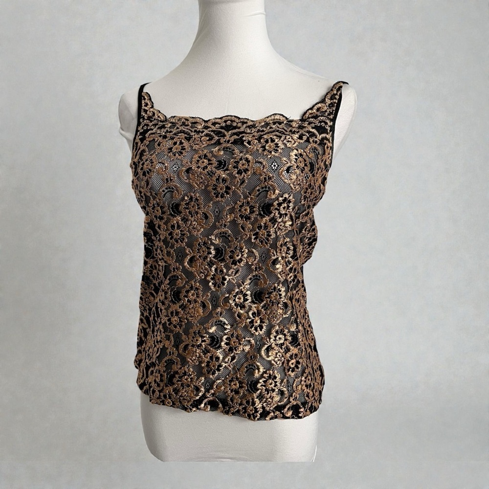 Vintage Black & Gold Lace Camisole ✨ Y2K Sheer Floral Top L - Picture 1 of 6